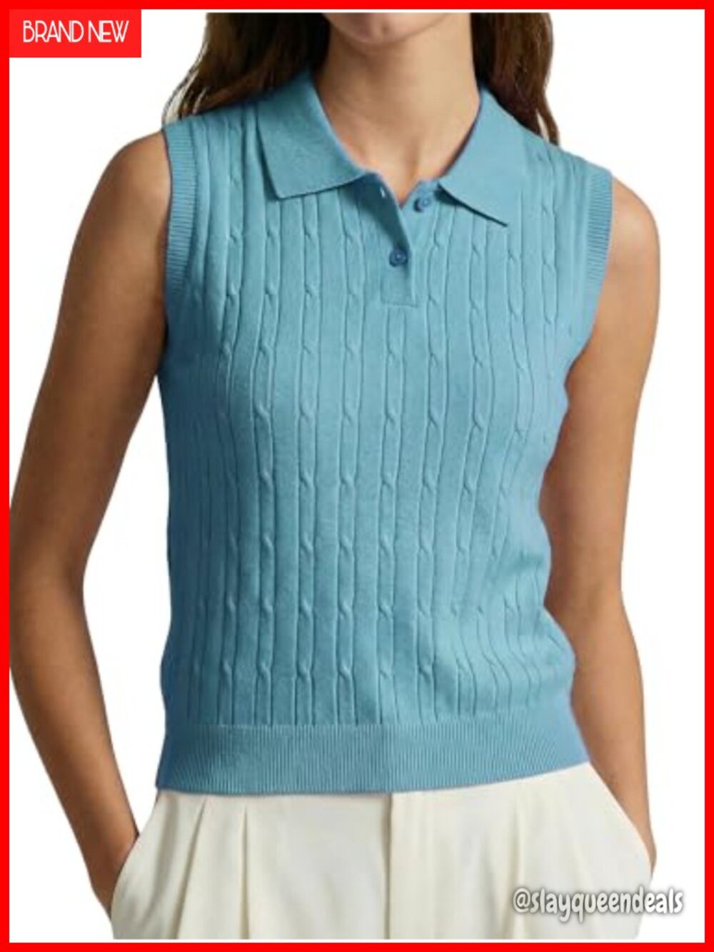 Women's Cotton Blend Sleeveless Polo Collar Button Knit Sweater Vest